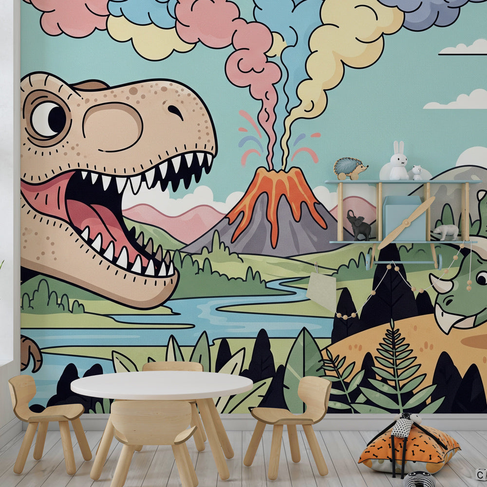 Colorful dinosaur adventure wallpaper transforming children's playroom into prehistoric world