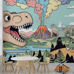 Colorful dinosaur adventure wallpaper transforming children's playroom into prehistoric world