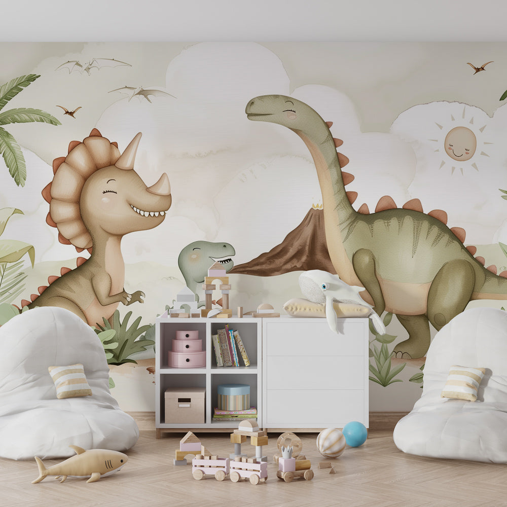 Vibrant dinosaur themed mural wallpaper creating educational and fun playroom environment