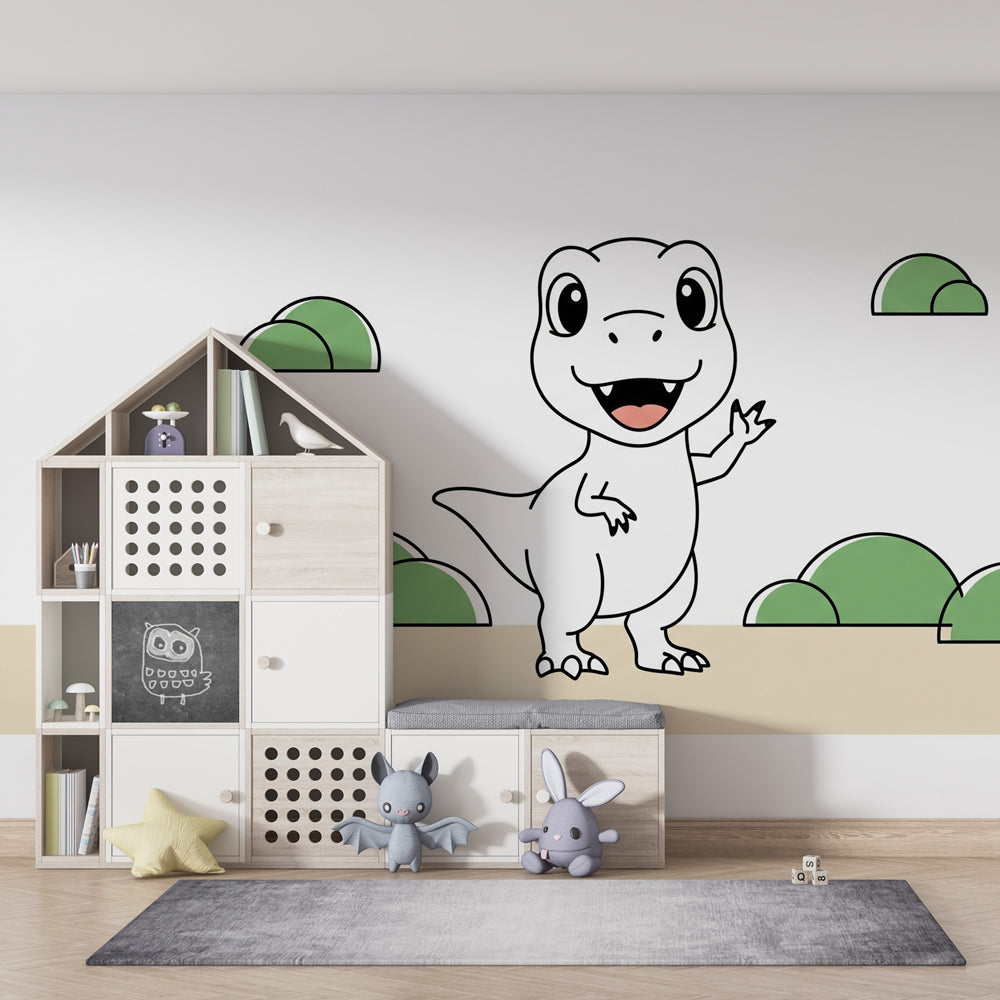 Adorable dino mural wallpaper transforming children's playroom into prehistoric adventure space