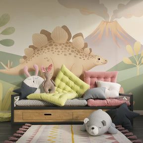 Prehistoric dinosaur mural wallpaper transforming playroom into educational adventure space by Kids-Mundo