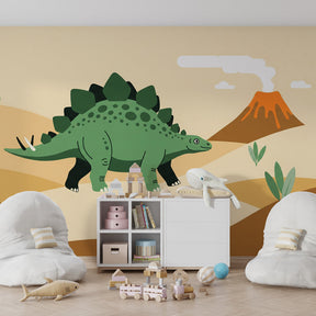 Volcano dinosaur wallpaper transforming kids playroom into prehistoric landscape