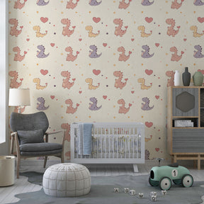 Adorable dinosaur wallpaper with hearts transforming kids playroom space