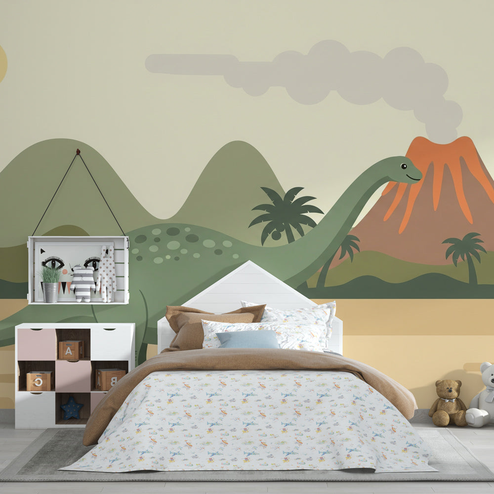 Children's dinosaur mural wallpaper transforming playroom into prehistoric adventure zone
