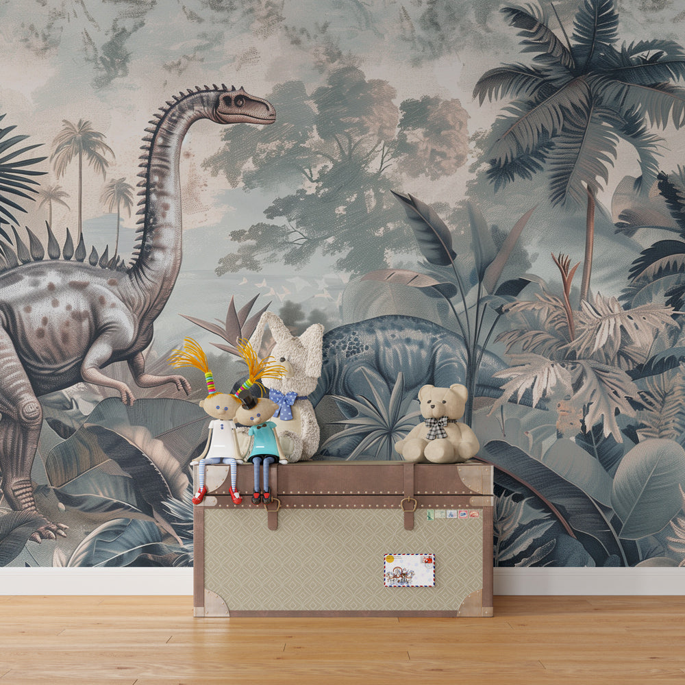 Jurassic world mural wallpaper installed in bright kids playroom creating adventure space