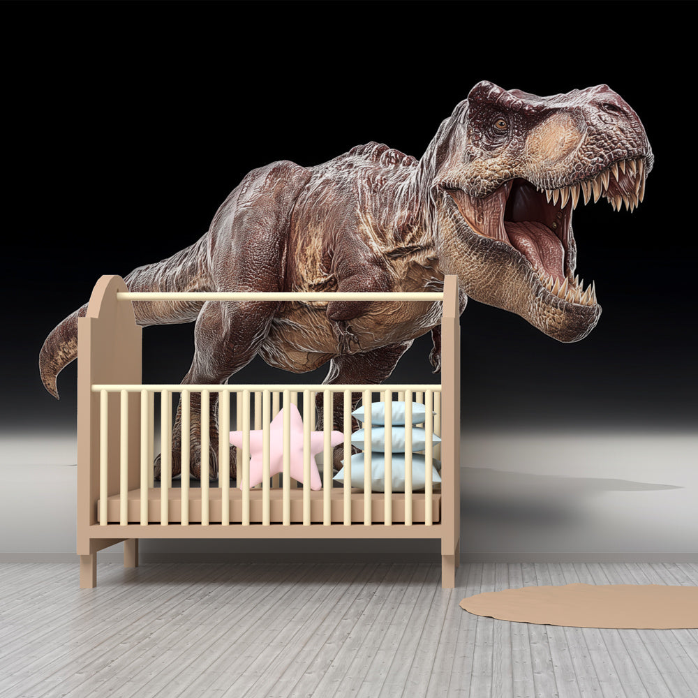 T-Rex mural wallpaper creating educational prehistoric playroom environment for children by Kids-Mundo