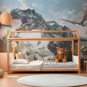 Dinosaur adventure mural wallpaper with T-Rex and pteranodons transforming kids playroom space