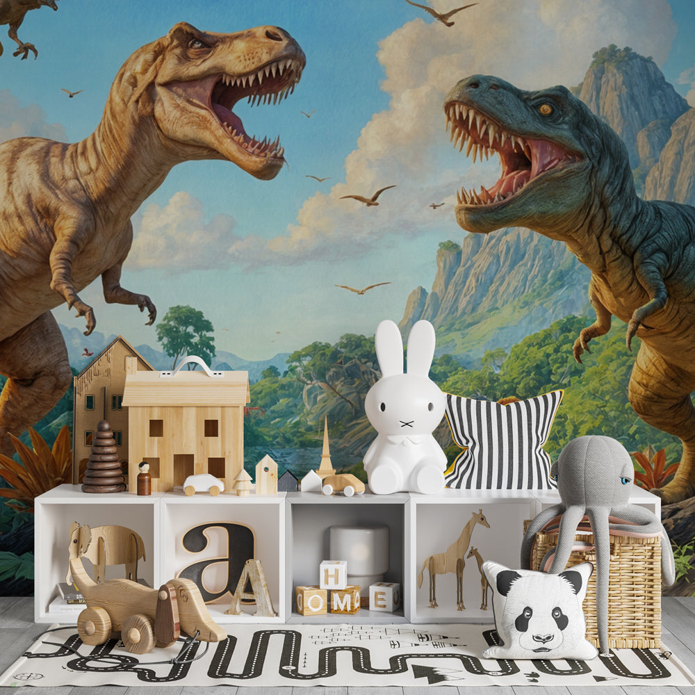 Animated prehistoric dinosaur wallpaper transforming children's playroom into Jurassic world