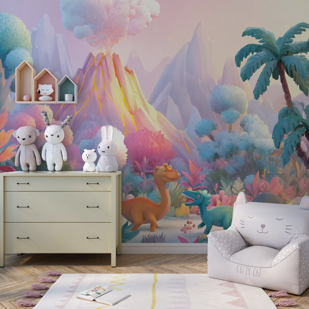 Colorful dinosaur wallpaper transforming children's playroom with tropical jungle prehistoric scene