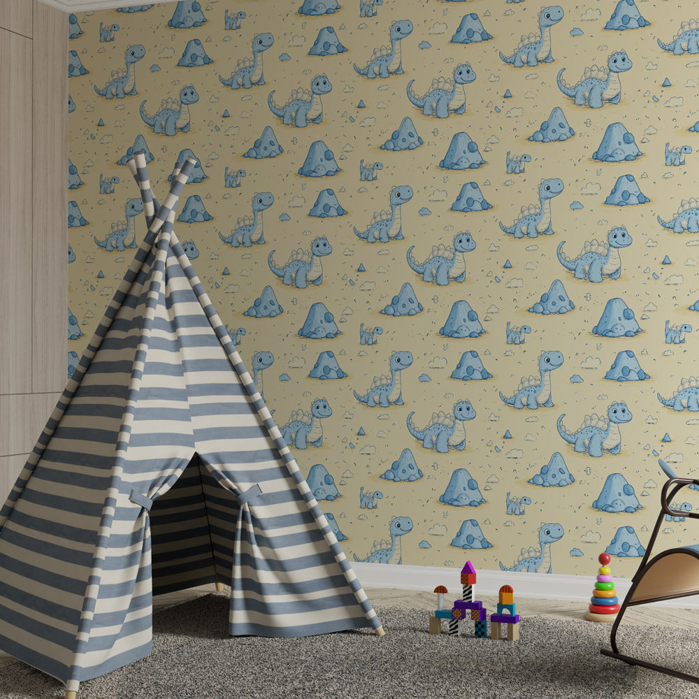 Blue dinosaur mural wallpaper transforming kids playroom with prehistoric theme