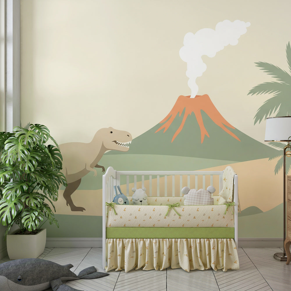 Prehistoric dinosaur wallpaper with palm trees and volcano for children's playroom by Kids-Mundo