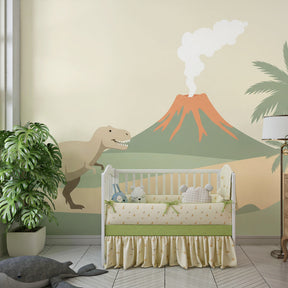 Prehistoric dinosaur wallpaper with palm trees and volcano for children's playroom by Kids-Mundo