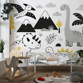 Prehistoric themed mural wallpaper featuring triceratops and palm trees in kids playroom