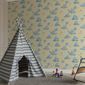 Blue dinosaur mural wallpaper transforming kids playroom with prehistoric theme