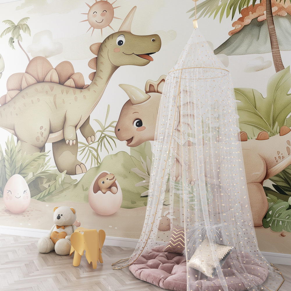Colorful dinosaur mural wallpaper transforming playroom into prehistoric jungle adventure