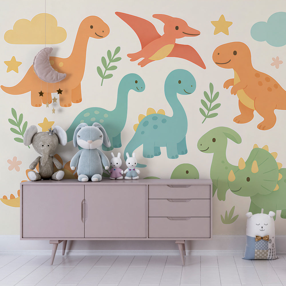 Kids playroom featuring dinosaur mural wallpaper with triceratops and brontosaurus educational design