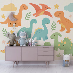 Kids playroom featuring dinosaur mural wallpaper with triceratops and brontosaurus educational design
