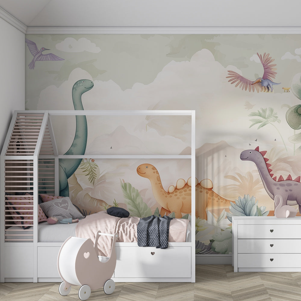 Prehistoric dinosaur mural wallpaper transforming kids playroom into adventure zone