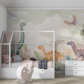 Prehistoric dinosaur mural wallpaper transforming kids playroom into adventure zone