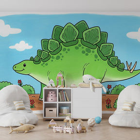 Cheerful dinosaur mural wallpaper transforming children's playroom with educational prehistoric theme