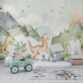 Tropical dinosaur mural wallpaper with volcanoes and forests in modern kids playroom