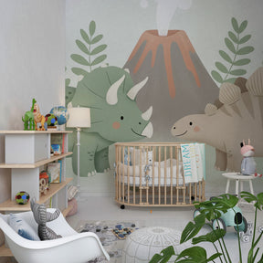 Little dinosaur mural wallpaper transforming playroom into prehistoric adventure space