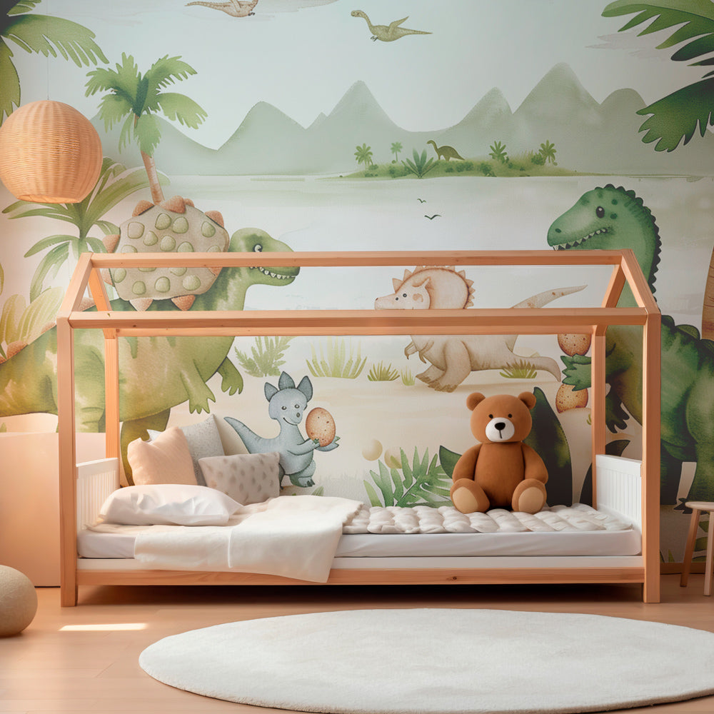 Prehistoric jungle mural wallpaper for kids playroom featuring gentle dinosaurs in lush greenery