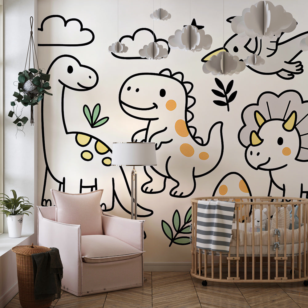 Charming dinosaur wall mural in children's playroom with educational prehistoric theme by Kids-Mundo