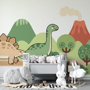 Educational dinosaur themed mural wallpaper for kids playroom with nature elements