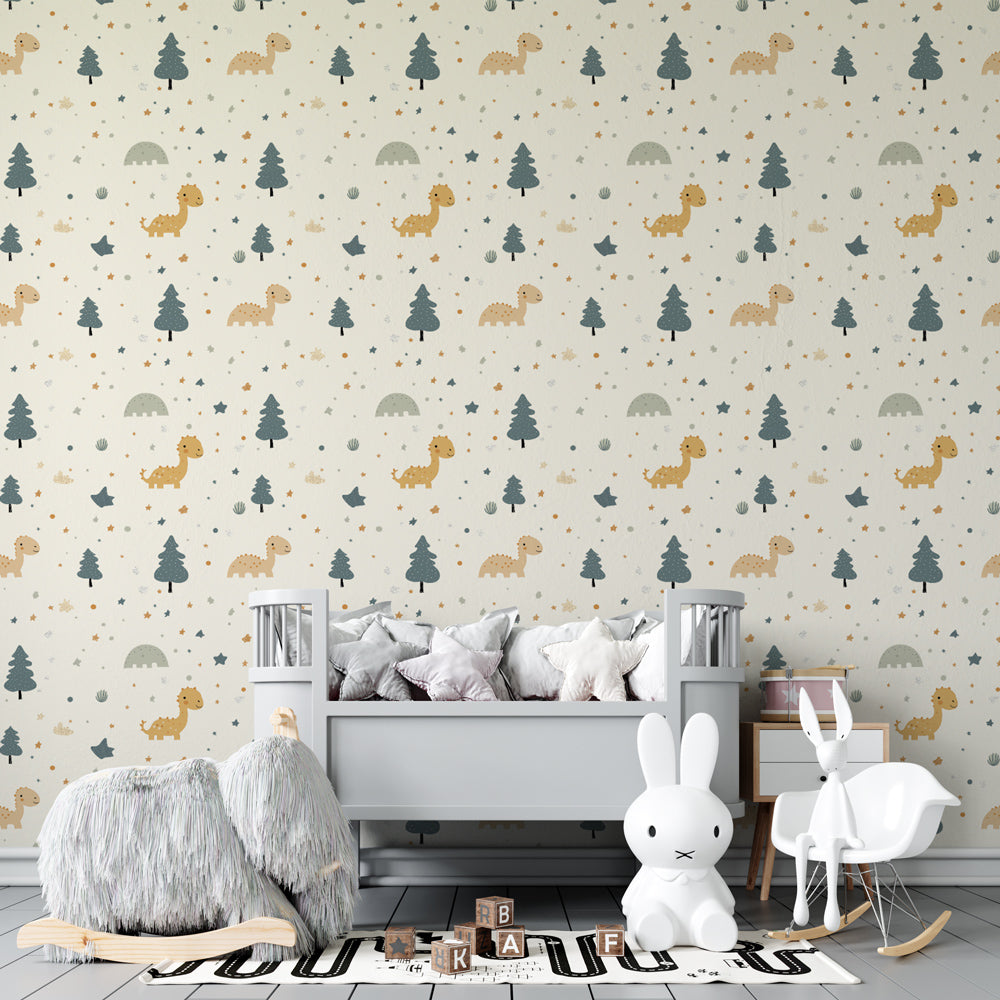 Pastel dinosaur mural wallpaper transforming kids playroom into prehistoric wonderland