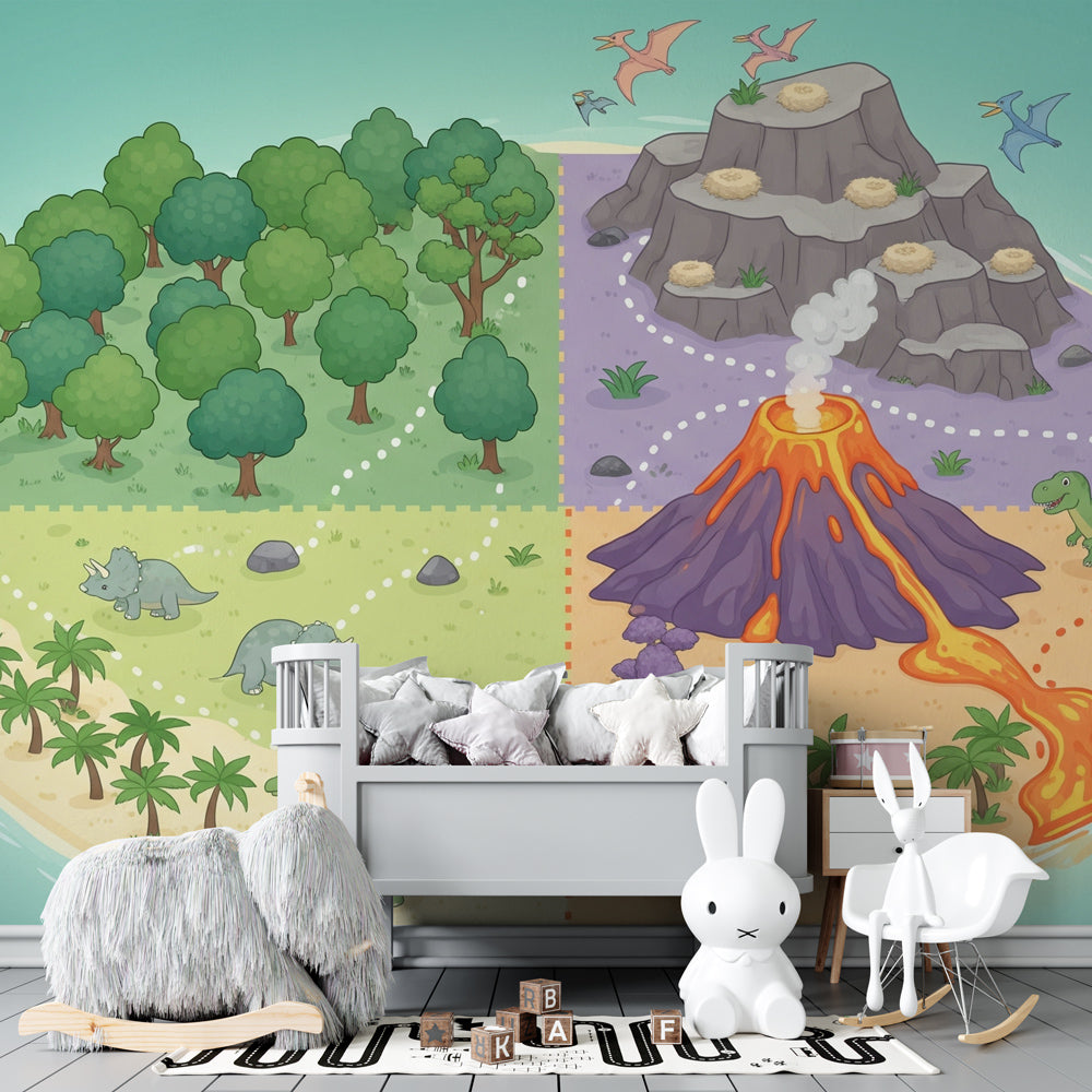 Four-panel dinosaur mural wallpaper with volcano and forest scenes in children's playroom