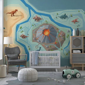 Colorful dinosaur themed mural wallpaper transforming children's playroom into prehistoric world