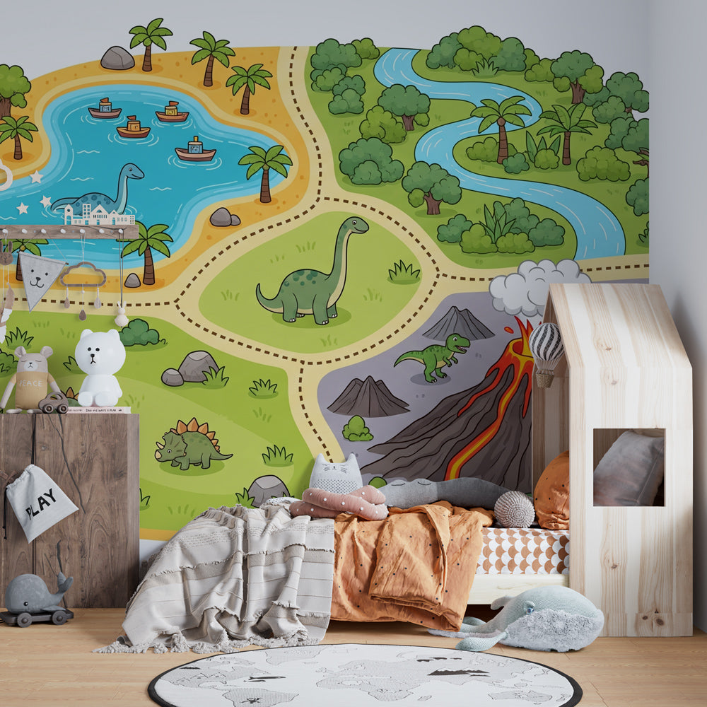 Educational dinosaur island wallpaper transforming playroom into prehistoric learning environment for kids