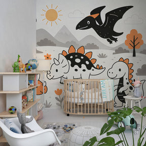 Prehistoric dinosaur mural wallpaper with volcano and mountains in kids playroom setting