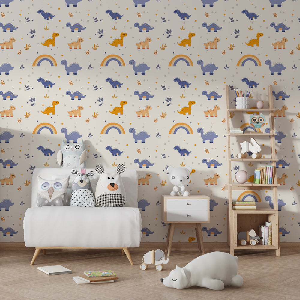 Colorful dinosaur and rainbow mural wallpaper transforming kids playroom space