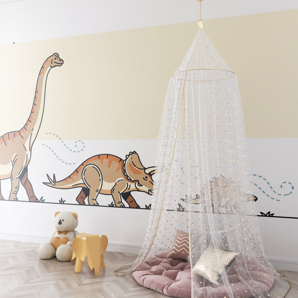 Educational dinosaur wall mural creating engaging learning environment in kids playroom