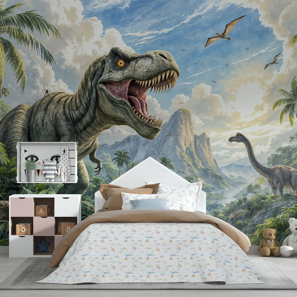 Jurassic dinosaur wallpaper transforming children's playroom into prehistoric world