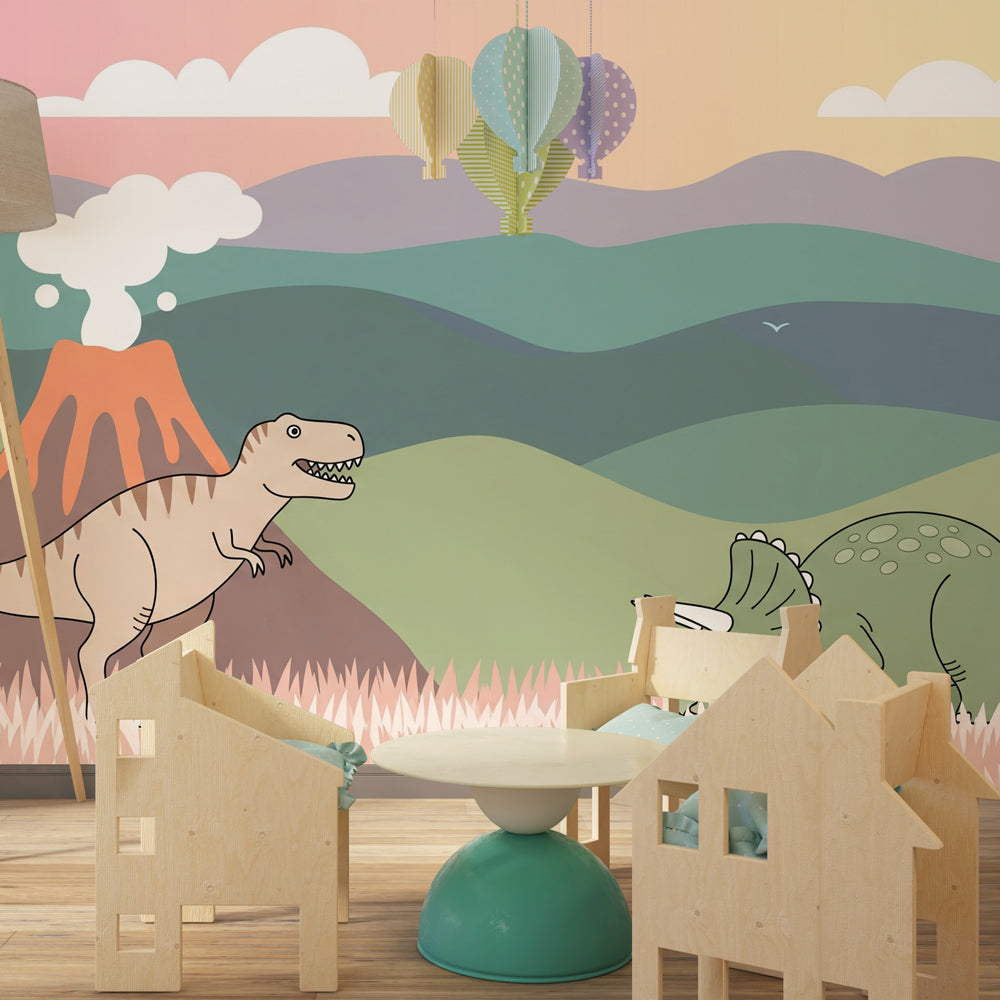 Pastel dinosaur wallpaper transforming children's playroom into prehistoric adventure space