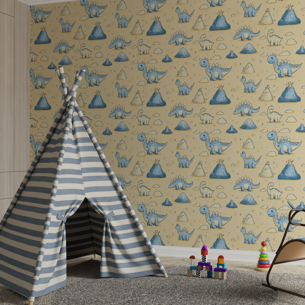Educational dinosaur mural wallpaper in soft pastels creating calming playroom atmosphere