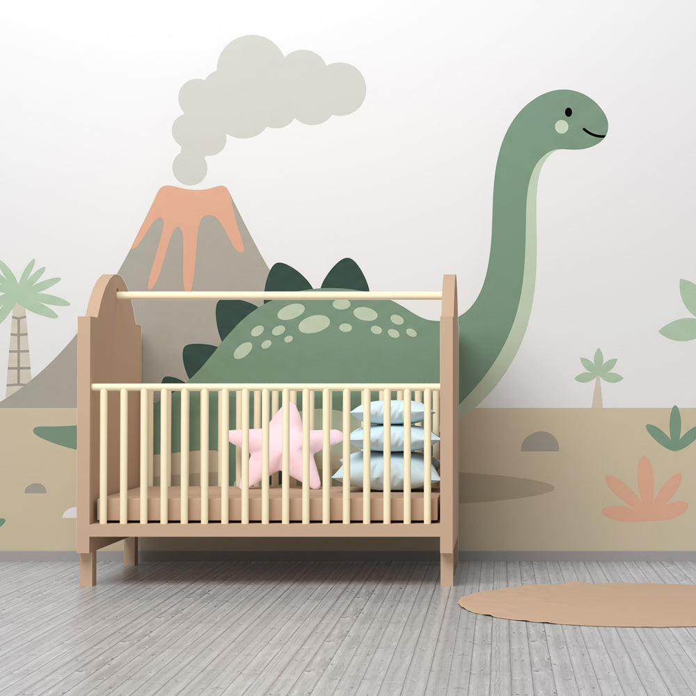 Playroom wall decorated with friendly dinosaur mural wallpaper encouraging imaginative prehistoric adventures