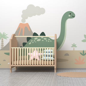 Playroom wall decorated with friendly dinosaur mural wallpaper encouraging imaginative prehistoric adventures