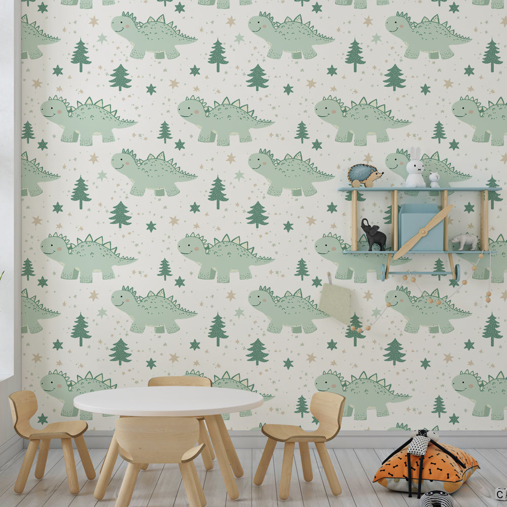 Dinosaur themed mural wallpaper with pine trees in cozy kids playroom space