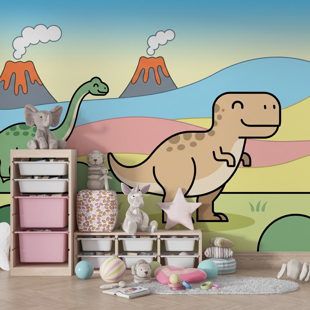 Vibrant dinosaur mural wallpaper transforming kids playroom with prehistoric landscape and volcanoes