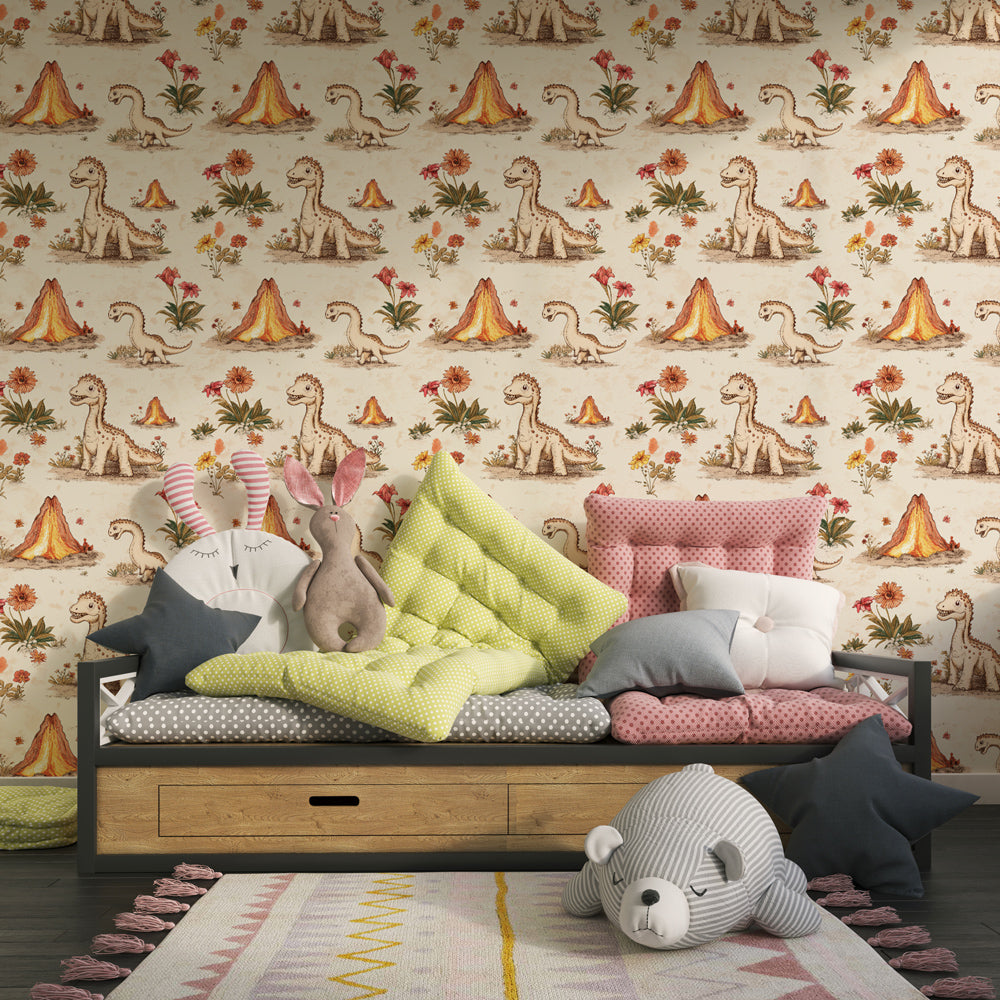 Prehistoric themed mural wallpaper featuring dinosaurs and volcanoes in children's playroom setting
