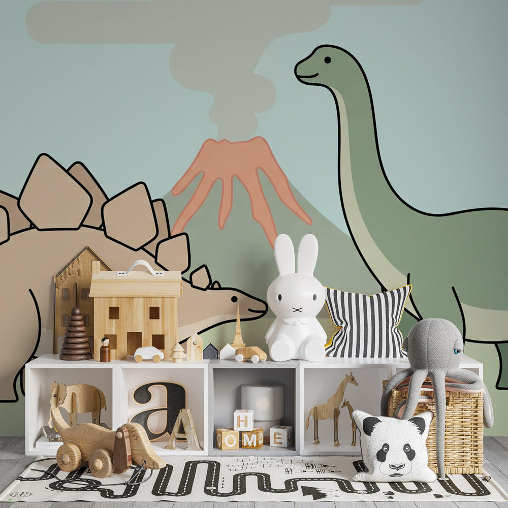 Prehistoric dinosaur wallpaper creating educational playroom decor with volcano backdrop