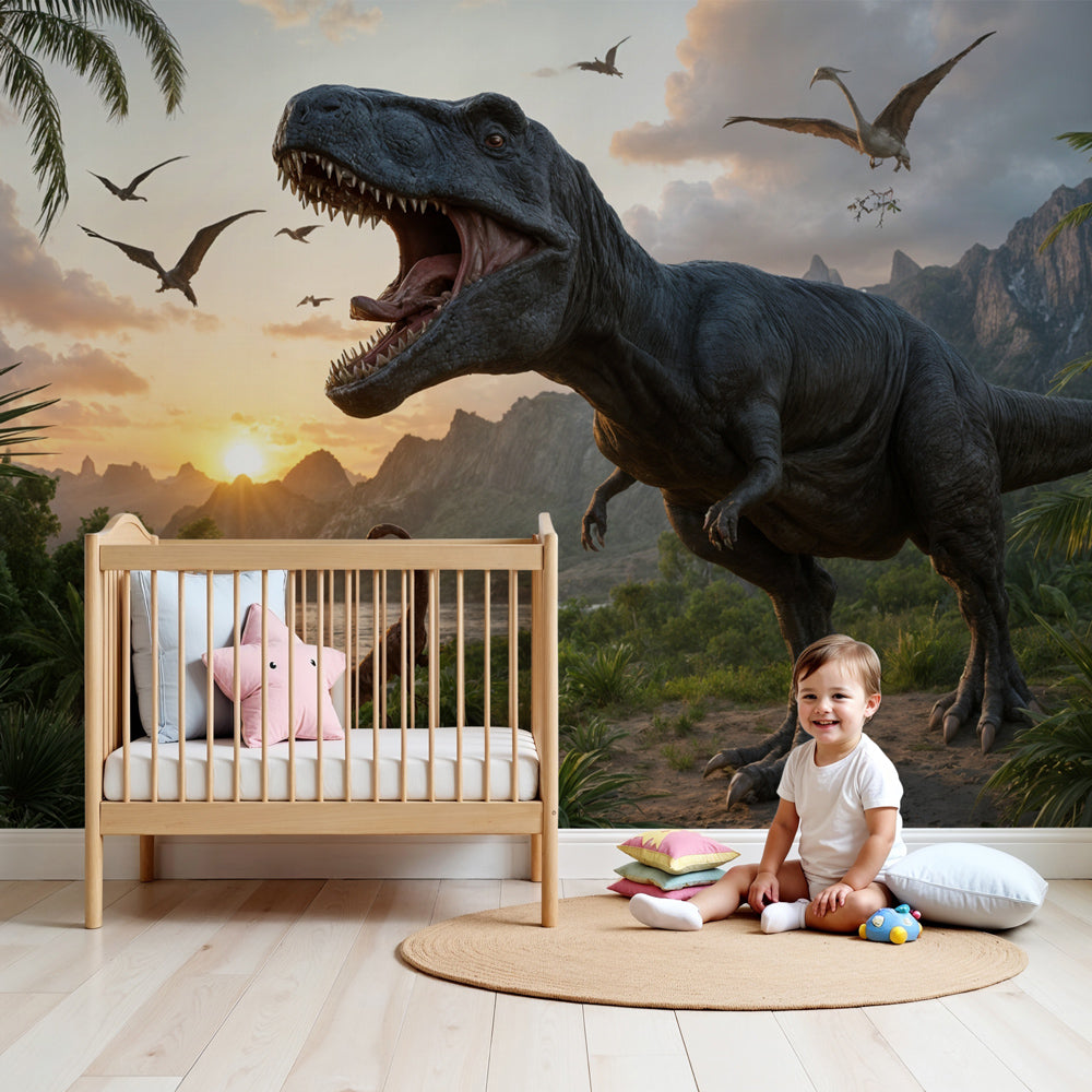 Dinosaur mural wallpaper with prehistoric landscape creating adventurous kids bedroom decor by Kids-Mundo