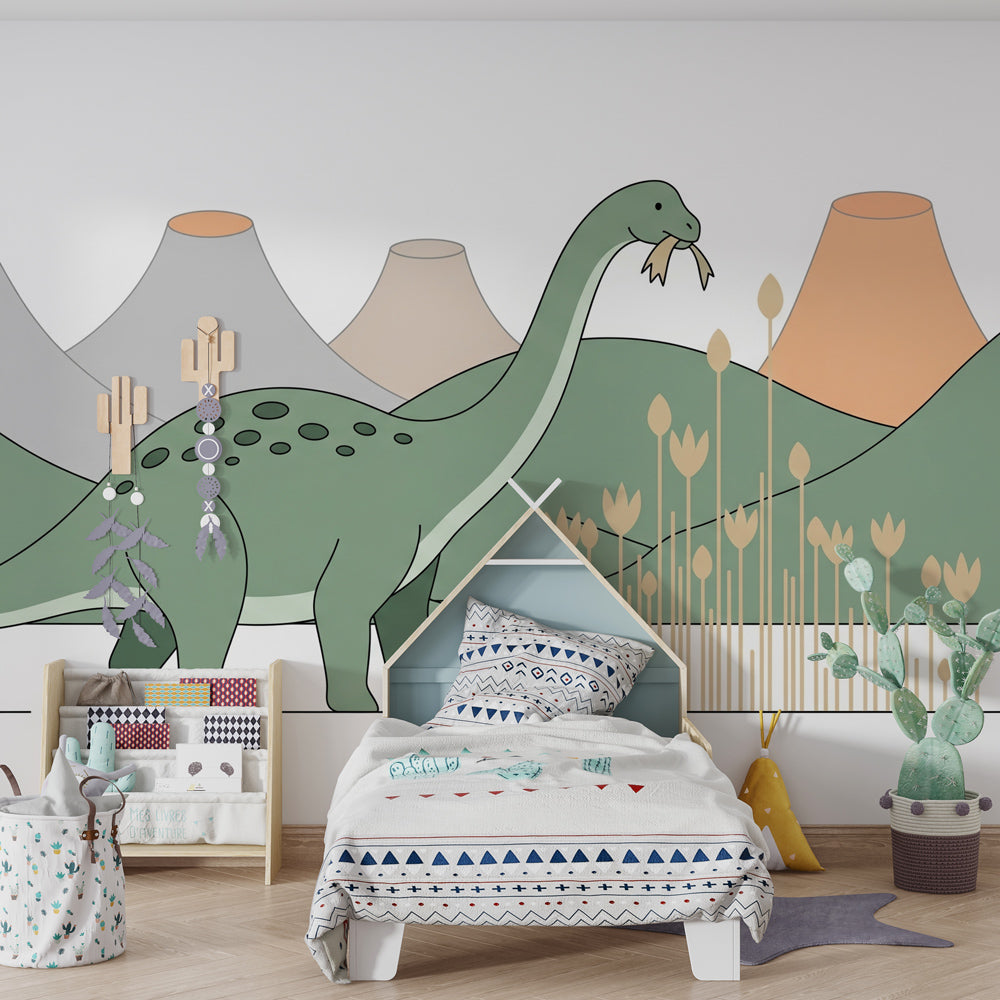 Prehistoric landscape dinosaur wallpaper creating educational kids bedroom decor