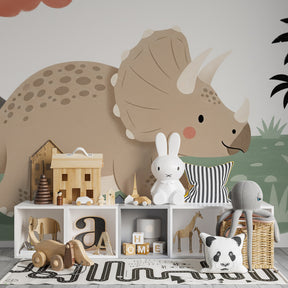 Dinosaur mural wallpaper creating adventurous kids bedroom with triceratops and volcano backdrop