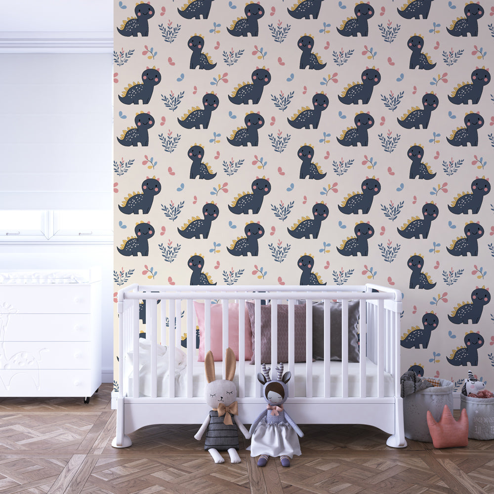 Botanical dinosaur mural wallpaper transforming children's room into prehistoric adventure space
