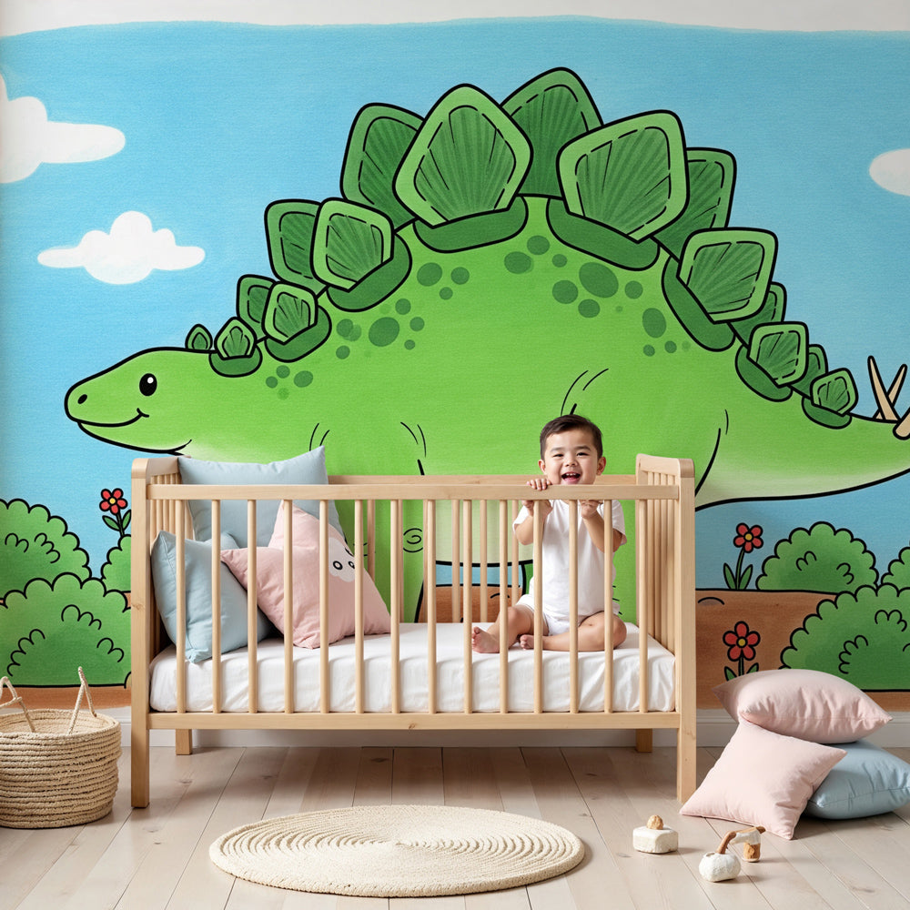 Happy stegosaurus dinosaur mural wallpaper in modern children's nursery room by Kids-Mundo